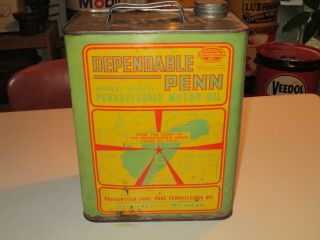 Vintage Dependable Penn Pennsylvania Motor Oil 2 Gallon Can.  Lee & Cady Michigan