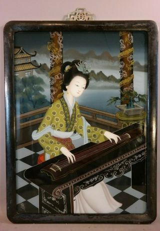 Lg Vintage Oriental Old Lady Musician Chinese Zither Reverse Painting On Glass