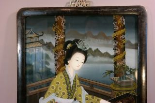 LG Vintage ORIENTAL Old LADY MUSICIAN CHINESE ZITHER Reverse PAINTING on GLASS 2