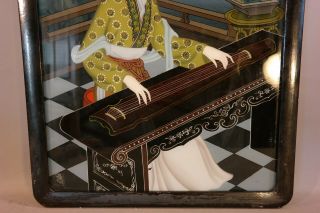LG Vintage ORIENTAL Old LADY MUSICIAN CHINESE ZITHER Reverse PAINTING on GLASS 3