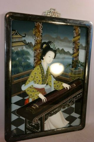 LG Vintage ORIENTAL Old LADY MUSICIAN CHINESE ZITHER Reverse PAINTING on GLASS 4