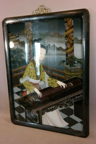 LG Vintage ORIENTAL Old LADY MUSICIAN CHINESE ZITHER Reverse PAINTING on GLASS 5