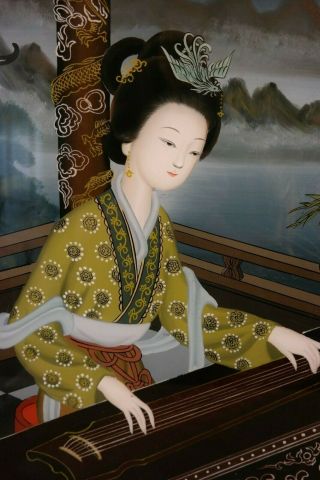 LG Vintage ORIENTAL Old LADY MUSICIAN CHINESE ZITHER Reverse PAINTING on GLASS 6