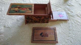 Japanese Secret Wooden Inlay Vintage Box In A Box Mt Fugi,  Dogs,  And Flowers.