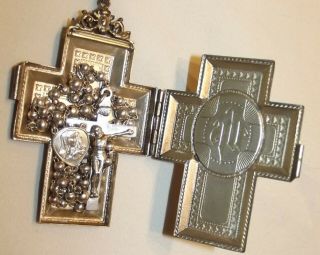 Silver Rosary Cross Box Ihs Sacred Monogram W/chain Vintage Pressed Metal V Fine