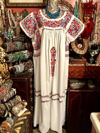 Rare Mexican Oaxacan Wedding White Dress Hand Crochet & Embroidery 3xl