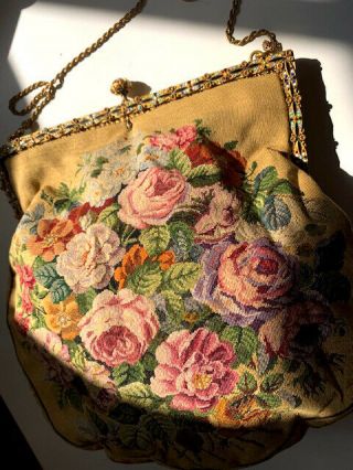 Antique/ Vtg.  Micro Petit Point Floral Evening Bag Purse