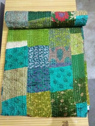 King Size Kantha Quilt Patola Silk Assorted Patchwork Vintage Handmade Bedspread