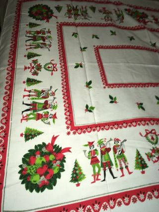 Christmas Tablecloth Vintage Mid Century Trees Wreath Holly Jesters Music 50’s