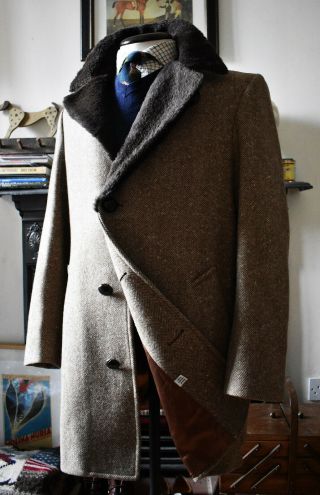 Vintage Pendleton Flecked Herringbone Tweed Car Coat With Fur Collar Size 44 Rrl