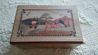 Japanese Secret Wooden Inlay Vintage Box In A Box Mt Fugi,  Dogs,  