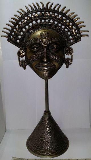 Vintage Brass / Bronze Face / Mask Sculpture On Metal Stand.  18.  25 " Tall.  59 Oz.