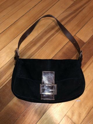 Authentic Fendi Mamma Small Baguette Hand Bag Black Suede Leather Vintage