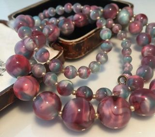 Vintage Art Deco Jewellery Unusual Pink & Turquoise Marbled Glass Necklace