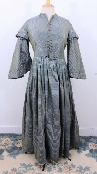 Vintage Antique Victorian 1860s Civil War Era Green Silk Bell Sleeve Dress Large