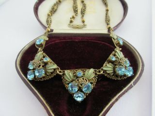 Antique Art Deco Filigree Gilt Brass Enamel Leaves Aqua Czech Glass Necklace