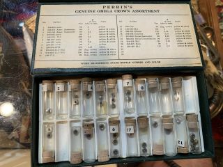 30 Vintage Omega Wrist Watch Crowns,  Boxed.  Perrin’s