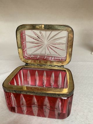 Vintage Heavy Cut Clear,  Raspberry Crystal Glass Vanity Lidded Box Brass Hinged