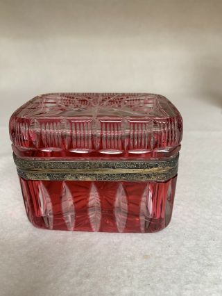 Vintage Heavy Cut Clear,  Raspberry Crystal Glass Vanity Lidded Box Brass Hinged 2