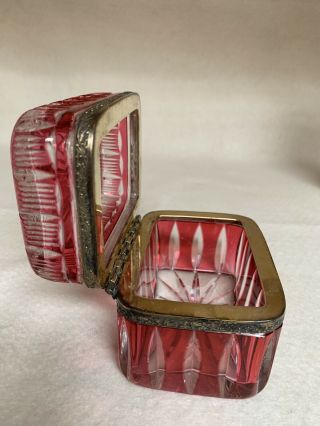 Vintage Heavy Cut Clear,  Raspberry Crystal Glass Vanity Lidded Box Brass Hinged 3