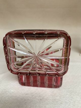 Vintage Heavy Cut Clear,  Raspberry Crystal Glass Vanity Lidded Box Brass Hinged 4