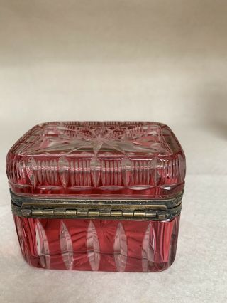 Vintage Heavy Cut Clear,  Raspberry Crystal Glass Vanity Lidded Box Brass Hinged 5