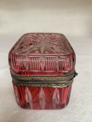 Vintage Heavy Cut Clear,  Raspberry Crystal Glass Vanity Lidded Box Brass Hinged 6