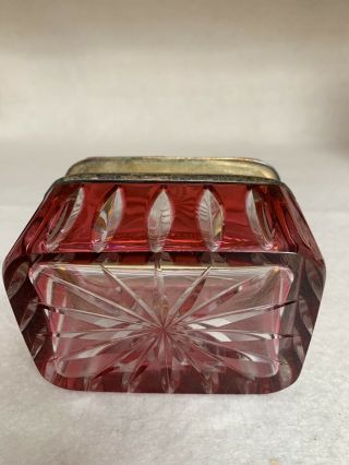 Vintage Heavy Cut Clear,  Raspberry Crystal Glass Vanity Lidded Box Brass Hinged 7