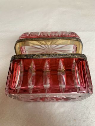 Vintage Heavy Cut Clear,  Raspberry Crystal Glass Vanity Lidded Box Brass Hinged 8
