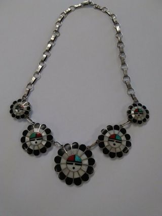 Vintage Old Pawn Sterling Silver Multi Stone Inlay Zuni Sunface Necklace 19.  5 "