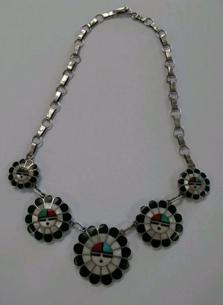 Vintage Old Pawn Sterling Silver Multi Stone Inlay Zuni Sunface Necklace 19.  5 