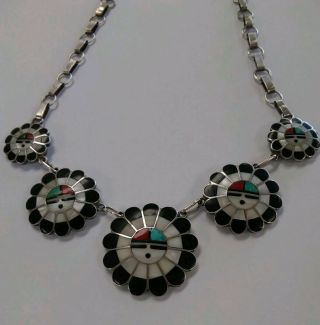 Vintage Old Pawn Sterling Silver Multi Stone Inlay Zuni Sunface Necklace 19.  5 