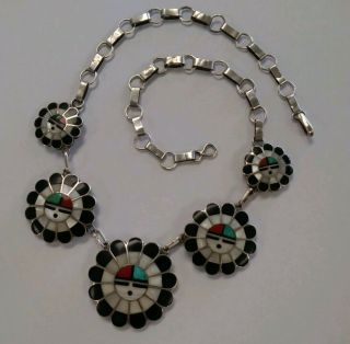 Vintage Old Pawn Sterling Silver Multi Stone Inlay Zuni Sunface Necklace 19.  5 