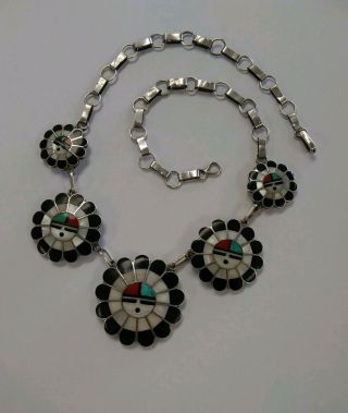 Vintage Old Pawn Sterling Silver Multi Stone Inlay Zuni Sunface Necklace 19.  5 