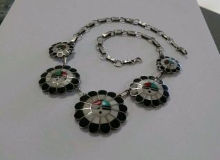 Vintage Old Pawn Sterling Silver Multi Stone Inlay Zuni Sunface Necklace 19.  5 
