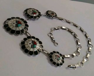 Vintage Old Pawn Sterling Silver Multi Stone Inlay Zuni Sunface Necklace 19.  5 