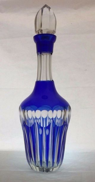 Striking Vintage Bohemian Czech Cobalt Blue Cut To Clear Crystal Decanter