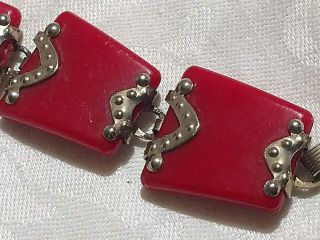 Vtg Red Art Deco Bakelite Chunky Bracelet Mcm Thermoset Early Plastic & Metal