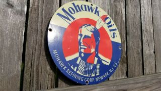 Vintage Mohawk Gasoline American Indian Chief Porcelain Service Pump Plate Sign