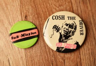 Vintage 1970s The Sex Pistols Uk Punk Rock Pin Badges Cosh Driver & Sub Mission
