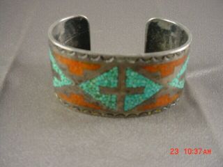 Vintage Native American Silver Turquoise & Red Coral Embossed Cuff Bracelet