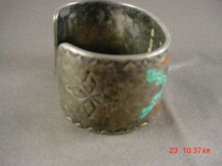 Vintage Native American Silver Turquoise & Red Coral Embossed Cuff Bracelet 2