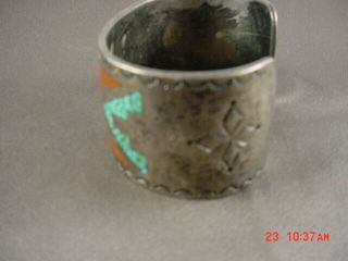 Vintage Native American Silver Turquoise & Red Coral Embossed Cuff Bracelet 3
