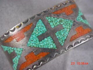 Vintage Native American Silver Turquoise & Red Coral Embossed Cuff Bracelet 5