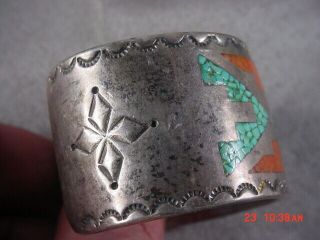 Vintage Native American Silver Turquoise & Red Coral Embossed Cuff Bracelet 6