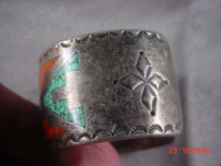 Vintage Native American Silver Turquoise & Red Coral Embossed Cuff Bracelet 7
