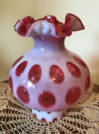 Vintage Fenton Art Glass Cranberry Opalescent Coin Dot Ruffled Shade N5