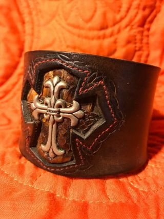 Vintage,  Custom Handmade Leather And Rattlesnake Skin Wrist Cuff With Pewter.