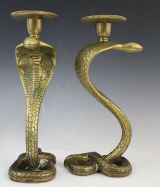 Pair Vintage Carved Brass Heavy Cobra Snake Candlestick Candle Holders India