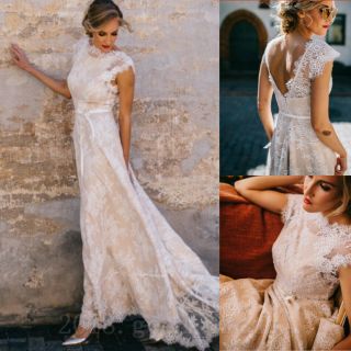 Vintage Champagne Bohemian Country Wedding Dress A Line Cap Sleeve Bridal Gown